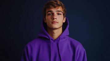 Young man wearing a purple hoodie against a dark background with a serious expression photo