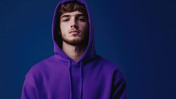 Young man in a purple hoodie against a blue background, posing confidently with a serious expression photo