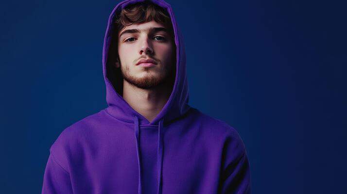 Young man in a purple hoodie against a blue background, posing confidently with a serious expression