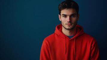 Young man wearing a red hoodie with a neutral expression poses against a blue background in a well-lit indoor setting photo