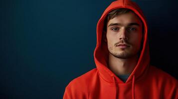 Young man in an orange hoodie standing against a dark blue background, conveying a focused expression photo