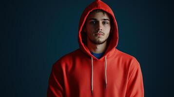 Young man wearing an orange hoodie stands against a dark blue backdrop with a serious expression, captured indoors photo
