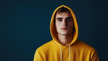 Young man wearing a yellow hoodie poses in front of a dark blue background, showcasing a casual style and confident expression photo