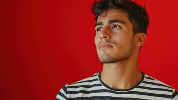 Young man in striped shirt gazes thoughtfully against a vibrant red background in a studio setting photo