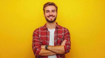 Young man with a beard smiles confidently against a vibrant yellow background while wearing a plaid shirt and casual attire photo