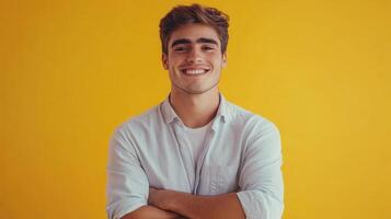 Young man smiling with crossed arms against a bright yellow background in a casual setting photo