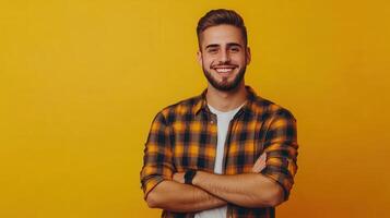 Young man in a checked shirt smiles against a bright yellow background, showcasing a cheerful expression and relaxed posture photo