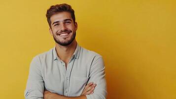 Young man smiling confidently against a bright yellow wall in a casual setting photo