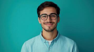 A young man smiles confidently against a teal background, wearing glasses and a light blue shirt during daytime photo