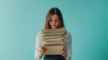 Young woman studying documents while standing against a solid turquoise backdrop photo