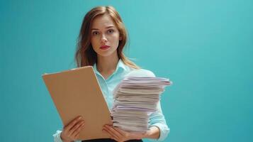 Young woman holding stacked documents against a turquoise background during a daytime office setting photo