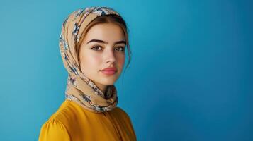 Young woman wearing a floral headscarf against a blue background, showcasing a serene expression and elegant style photo