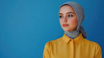 Young woman in a yellow blouse and gray hijab poses thoughtfully against a solid blue background during daylight photo