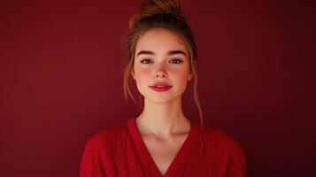 Young woman with a bun hairstyle in a red top poses against a deep red background during daylight photo