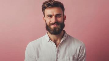 Young man with a beard smiles in front of a pink background during daylight photo