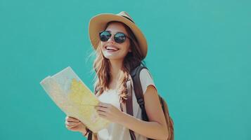 Young traveler holding a map, smiling against a bright turquoise background on a sunny day photo