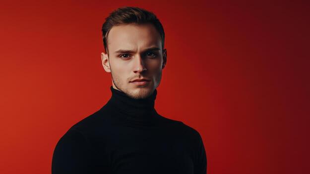 A young man poses confidently in a black turtleneck against a red backdrop during a portrait session photo