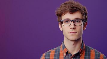 Young man with glasses poses against a purple background in casual attire, showcasing a thoughtful expression photo