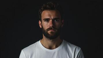 Portrait of a man with a beard wearing a plain white shirt against a dark background, focusing on expression and mood photo