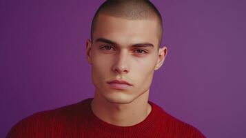 Young man with shaved head wearing a red sweater poses against a purple background in a studio setting photo