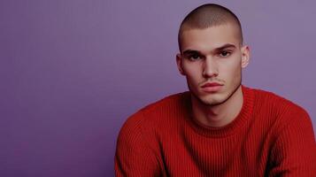 Young man posing in a red sweater against a purple background indoors photo