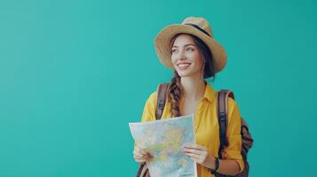 Young woman exploring with a map against a vibrant teal background while wearing a straw hat and yellow shirt, showcasing travel enthusiasm photo