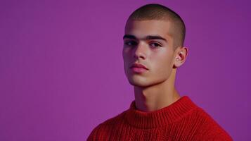 A young man poses confidently in a vibrant red sweater against a purple backdrop, capturing a striking contrast and contemporary style photo