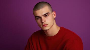 Young man poses confidently against a vibrant purple background while wearing a red sweater photo