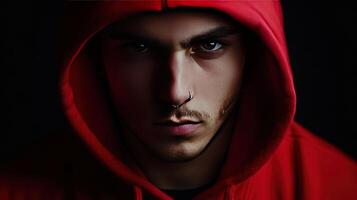 Young man wearing a red hoodie with an intense gaze and a nose piercing against a dark background photo