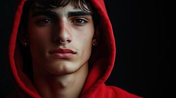 Portrait of a young man in a red hoodie against a dark background, showcasing his expression and piercings photo