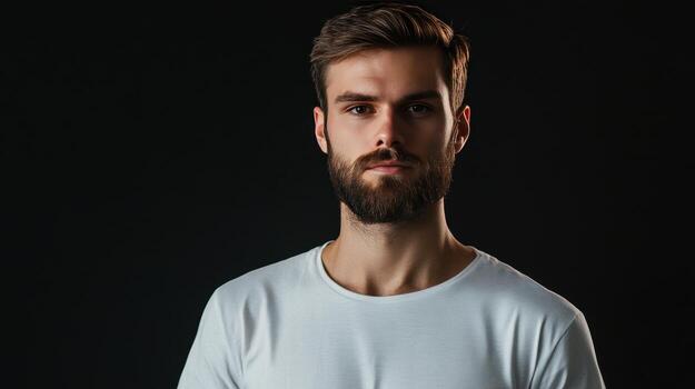 Young man with a beard poses confidently against a dark background in a simple white shirt during a studio photoshoot photo