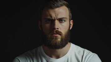 A serious man with a beard poses against a dark background, showcasing strong facial features and an intense expression photo