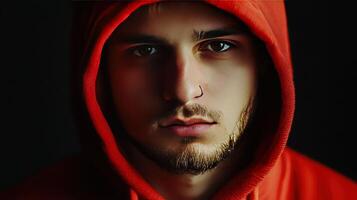 Young man wearing a red hoodie with a serious expression against a dark background, showcasing intensity and emotion photo