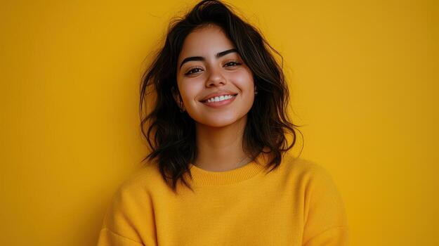 alegre joven mujer con oscuro pelo sonriente en frente de un brillante amarillo fondo, exhibiendo alegría y positividad en un retrato ajuste foto
