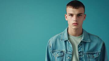 Young man in casual denim jacket against a turquoise background during daylight photo