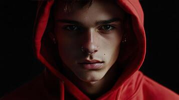 Portrait of a young man wearing a red hoodie in low light, showcasing intense expression and urban style photo