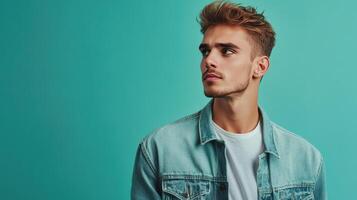 Young man in denim jacket posing against a teal background while looking to the side in a casual, relaxed manner photo