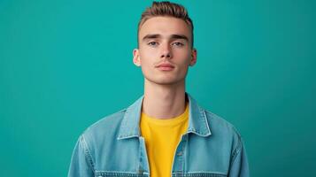 Young man poses in a denim jacket and yellow shirt against a vibrant turquoise background photo