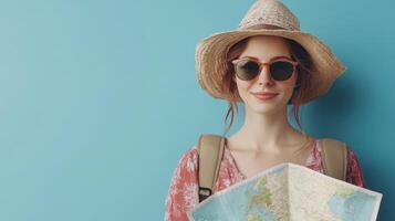 Young woman with a straw hat and sunglasses holding a map against a solid blue background, ready for an adventure photo