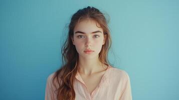 Young woman with long hair poses in front of a light blue wall during the afternoon, showcasing a natural expression and casual attire photo