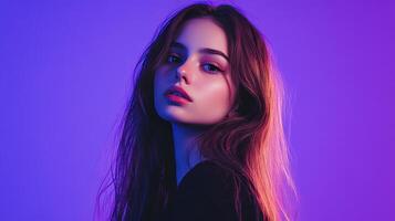 Young woman with long hair posing under vibrant purple and blue lighting in a studio setting photo
