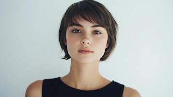 Young woman with short hair in a black top poses against a light background, exuding confidence and serenity photo