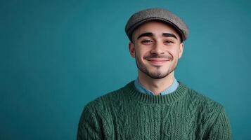 A young man smiles warmly against a teal background, dressed in a green knitted sweater and a flat cap, capturing a cheerful moment indoors photo