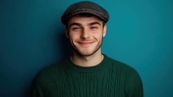 Young man wearing a green sweater and gray cap smiles against a blue background in a close-up portrait taken indoors photo