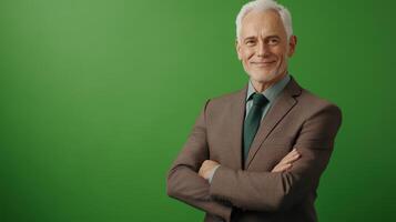Confident older man in a brown suit smiles with crossed arms against a green background photo