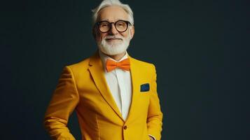 Elderly man in a bright yellow suit with a bow tie poses confidently against a dark background photo