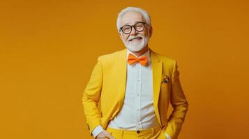 Elderly man in a bright yellow suit and orange bow tie poses confidently against a vibrant orange backdrop photo
