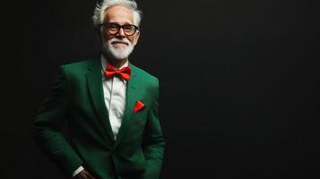 Stylishly dressed elderly man with gray hair and glasses posing confidently in a green suit and red bowtie against a dark background photo