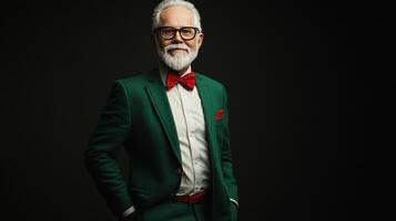 Portrait of an older gentleman in a green suit with a red bow tie and pocket square against a dark background photo