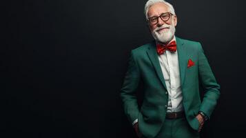 Stylish older man in green suit and bow tie poses confidently against dark background photo